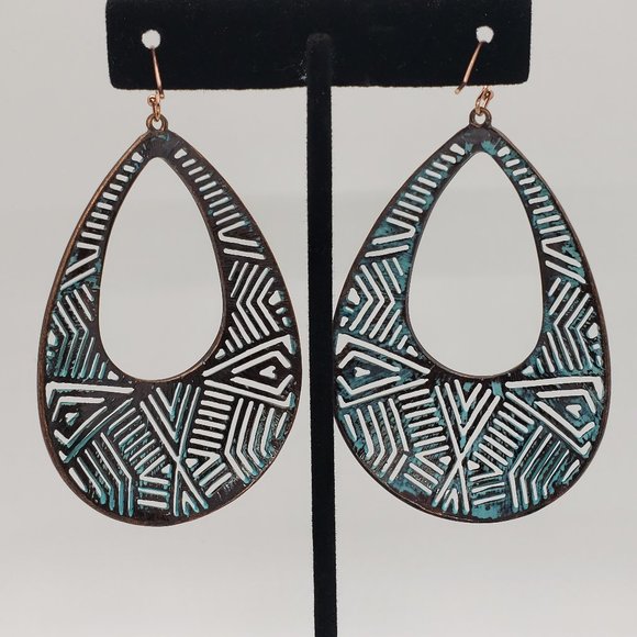 Bronze Patina Tone  and Turquoise Tone Drop Fashion Earrings - Picture 4 of 4